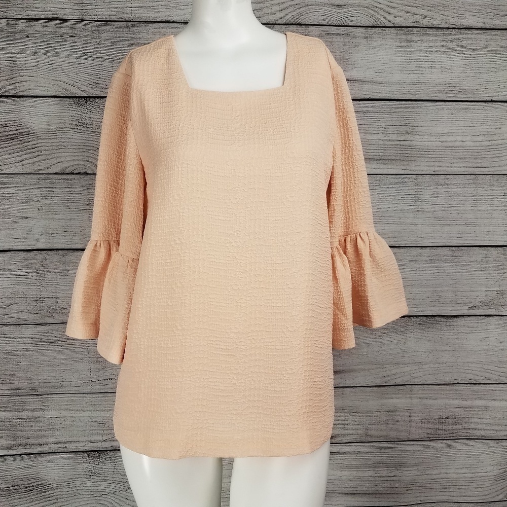 NEW Calvin Klein XS Blouse Top Bell ruffled 3/4 sleeve Square Neck in Blush Pink